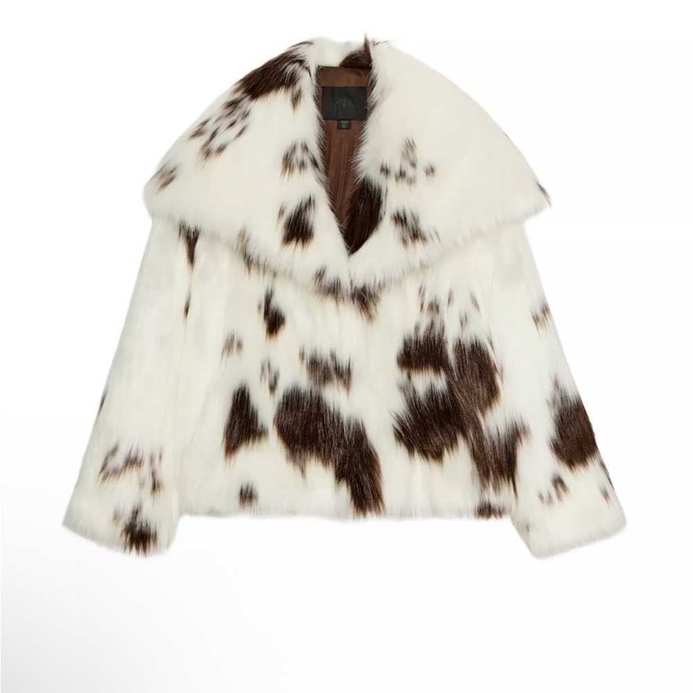 Zara White & Brown Cow-Print Teddy Jacket